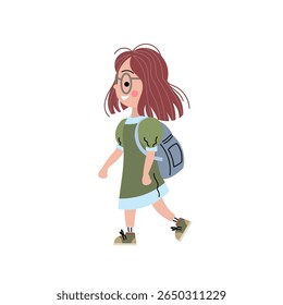 Cute cartoon girl with a backpack walking happily. Flat vector illustration of a school child in casual clothes, ideal for educational content, back to school themes, or children's designs.