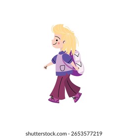 Cute cartoon girl with a backpack walking happily. Flat vector illustration of a school child in casual clothes, ideal for educational content, back to school themes, or children's designs.