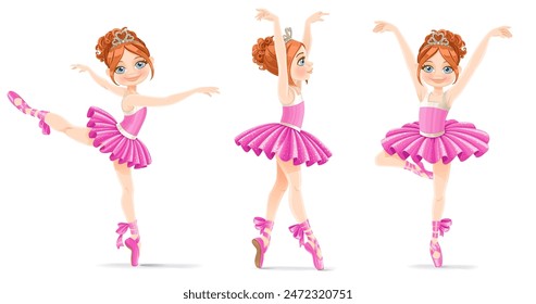 Cute cartoon girl ballerina in a pink tutu dances, in three different posesisolated on a white background. Image produced without the use of any form of AI software at any stage