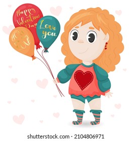 Cute cartoon girl with balloons in her hand on Valentine's Day with congratulations. Vector graphics