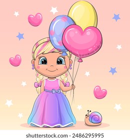 Cute cartoon girl with balloons and snail. Vector illustration of a little woman on a pink background with hearts and stars.