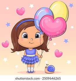 Cute cartoon girl with balloons and snail. Vector illustration of a little woman on a pink background with hearts and stars.