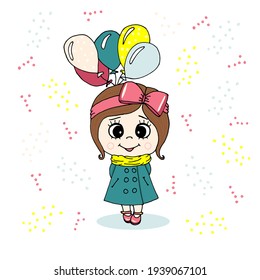 Cute cartoon girl with balloons. Cute girl t-shirt design with slogan. Vector illustration design for fashion fabrics, textile graphics, prints.