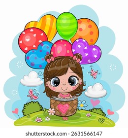 Cute Cartoon Girl in the basket is flying on balloons