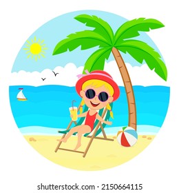 Cute cartoon girl at the beach, illustration,vector