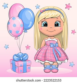 Cute cartoon girl in a beautiful dress and a gift box with balloons. Birthday vector illustration on pink background with stars.