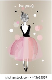 cute cartoon girl in beautiful dress embrace herself