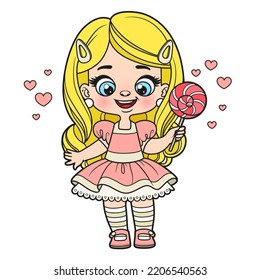 Cute cartoon girl with big  lollipop candy in hand color variation for coloring page on a white background