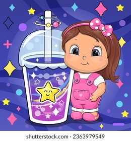 Muchacha de dibujos animados y bebida de gran estrella. Ilustración vectorial con una taza de agua colorida sobre un fondo azul oscuro con estrellas y puntos.