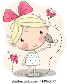 Cute Cartoon Girl with bird and butterflies on a pink background