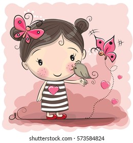 Cute Cartoon Girl with bird and butterflies on a pink background