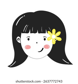 Cute cartoon girl with black hair and flower