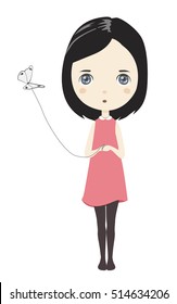 Cute cartoon girl with black hair and blue eyes holding white butterfly on string - vector illustration