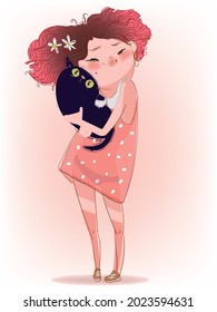 cute cartoon girl with black kitten