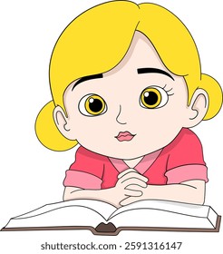 A cute cartoon girl with blonde hair and big expressive eyes is lying on a table, resting her chin on her hands while reading an open book.