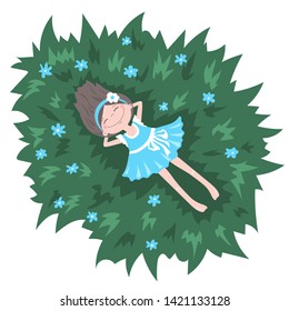 Cute cartoon girl in a blue dress lying on a flower meadow. Happy summer days. Enjoy the rest and relaxation. 