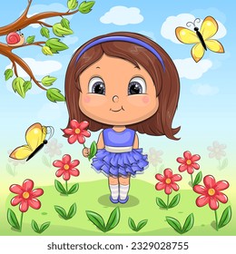 Cute cartoon girl in a blue dress in the garden. Vector illustration of a small woman with red flowers, yellow butterflies, green grass, tree, blue sky, white clouds.