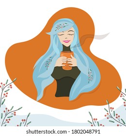 
Cute cartoon girl with blue hair holding a cup of hot  beverage and drinking.
Winter rowan branches decorate background. 
Vector .