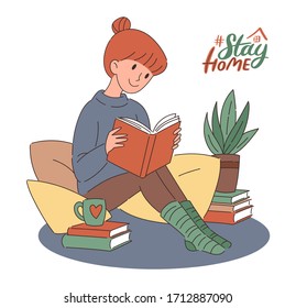 Cute cartoon girl in blue sweatshirt sitting on pillows and reading a book. Flat vector illustration for self-isolation, bookworm, introvert concept. Stay home poster design.