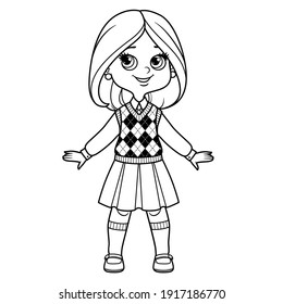 Cute cartoon girl with bob hairstyle dressed in school uniform outline for coloring on a white background