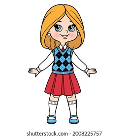 Cute cartoon girl with bob hairstyle dressed in school uniform color variation for coloring page isolated on white background