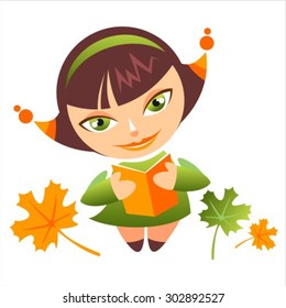Cute cartoon girl with book on a white background.