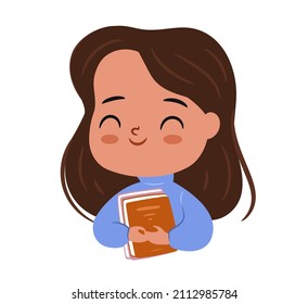 Cute cartoon girl with books in hands. Character with curly hair enjoying her hot drink