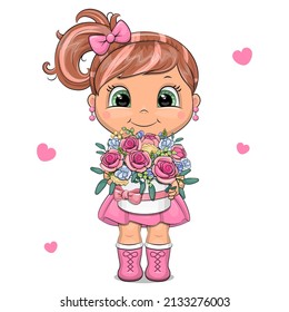 Cute cartoon girl with a bouquet of flowers. Vector illustration isolated on white background with hearts.