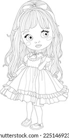 Cute cartoon girl with bow in vintage retro dress sketch template. Graphic vector illustration in black and white for game. Children`s story book, fairytail, coloring paper, page, book, print