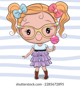 Cute Cartoon Girl with bows and lollipop