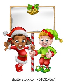 Cute cartoon girl and boy Christmas elf Santas helper characters holding a sign