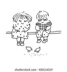 Cute cartoon girl and boy with doves
