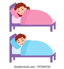 Cute cartoon girl and boy sleeping in bed. Little child asleep, vector illustration.