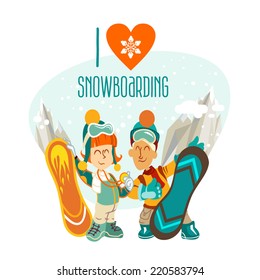 Cute cartoon girl and boy with snowboards on mountains background. Vector illustration. Winter background