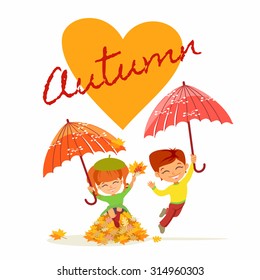 Cute cartoon girl and boy with umbrella celebrating autumn beginning. Hello autumn design template. Vector illustration