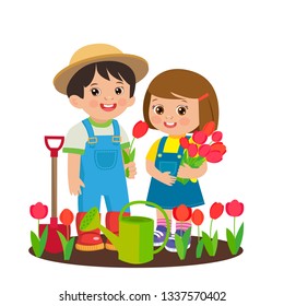 Cute Cartoon Girl And Boy Working In The Garden Vector. Girl With Watering Can, Boy With Shovel. Spring Gardening. Girl With Flower Bouquets Vector.Young Farmer With Tulip Flower In The Garden.