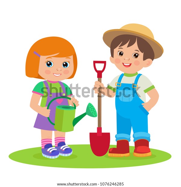 Cute Cartoon Girl Boy Working Garden Stock Vector (Royalty Free ...