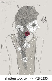 cute cartoon girl with braid and flowers