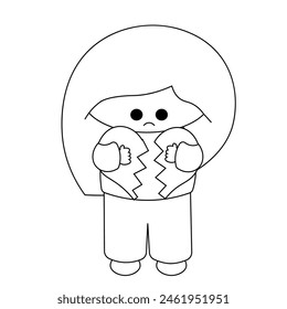 Cute cartoon girl with broken heart in black and white