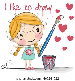 Cute Cartoon girl with brush is drawing hearts