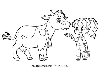 Cute cartoon girl with a bucket of milk feeds cow with hay outlined for coloring book on white background