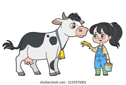 Cute cartoon girl with a bucket of milk feeds cow with hay color variation for coloring book on white background