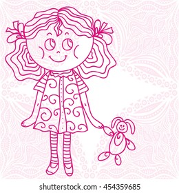 Cute cartoon girl with bunny. Vector illustration.