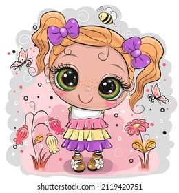 Cute Cartoon Girl with butterflies and flowers on the meadow 