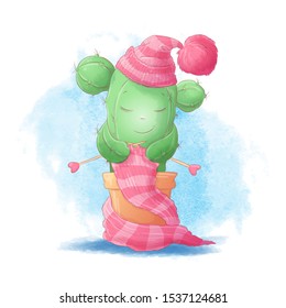 Cute cartoon girl cactus knits a scarf in a warm hat. Vector illustration