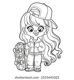 Cute cartoon girl in cap with a visor with skateboard outlined for coloring page on white background. Image produced without the use of any form of AI software at any stage.