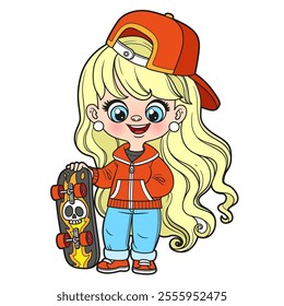 Cute cartoon girl in cap with a visor with skateboard on white background. Image produced without the use of any form of AI software at any stage.