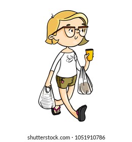Cute cartoon girl carrying store bags and coffee cup after shopping. Vector isolated hand drawn character.