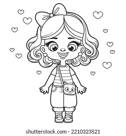 Cute cartoon girl with a cat bag outlined for coloring page on white background