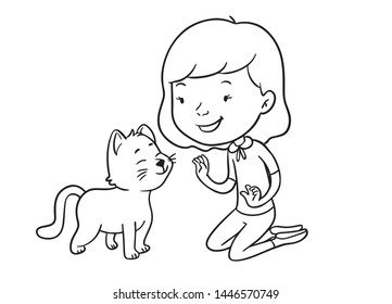 cute cartoon girl with cat. Coloring book page for adult and children. black and white vector. Coloring illustration for kids. Black and white illustration. 